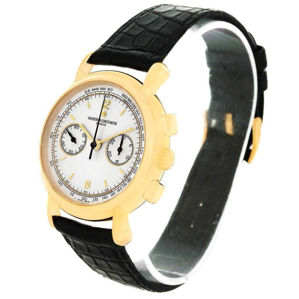 The image shows a Vacheron Constantin Historiques 47101/1 Men's Yellow Gold Silver Dial 47101/1 Men's Yellow Gold Silver Dial model watch at a three-quarter angle, detailing the dial, case, and strap.