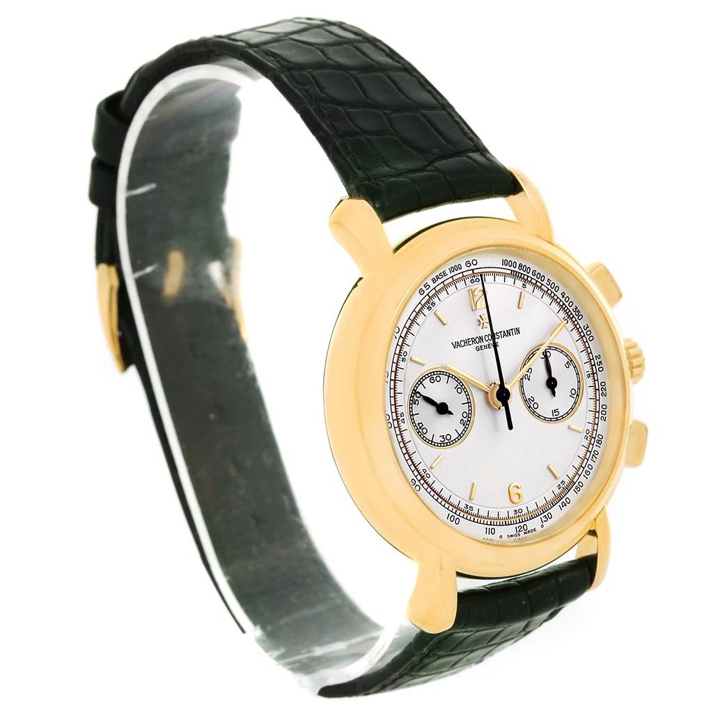 This image shows a side angle of the Vacheron Constantin Historiques 47101/1 Men's Yellow Gold Silver Dial 47101/1 Men's Yellow Gold Silver Dial model, highlighting the gold case, dial, and black leather strap.