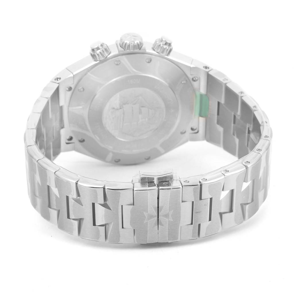 The image displays the back view of a Vacheron Constantin Overseas 49150 Men's Stainless Steel Silver Dial 49150 Men's Stainless Steel Silver Dial model watch, highlighting the closed clasp and links of the bracelet.