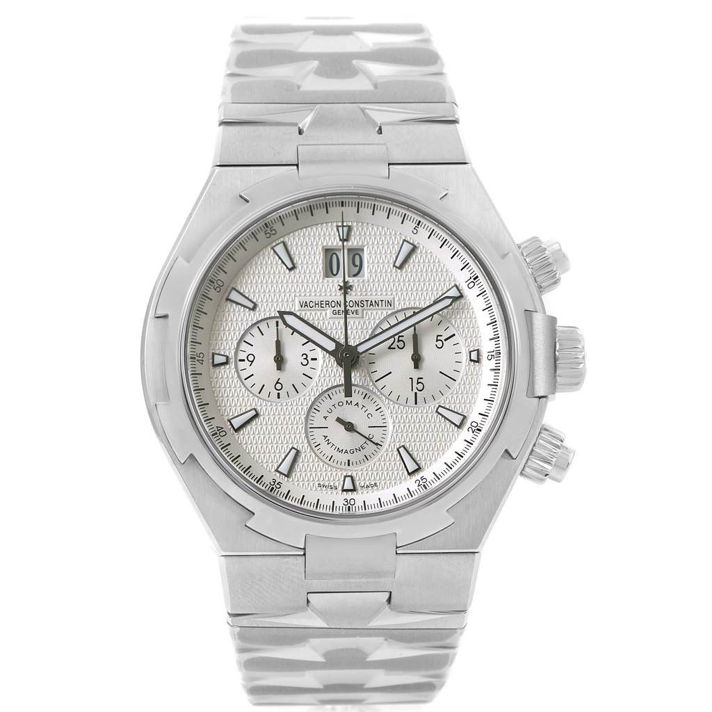 The image shows a front view of a Vacheron Constantin Overseas 49150 Men's Stainless Steel Silver Dial 49150 Men's Stainless Steel Silver Dial model watch, highlighting its face, bracelet, and chronograph dials.