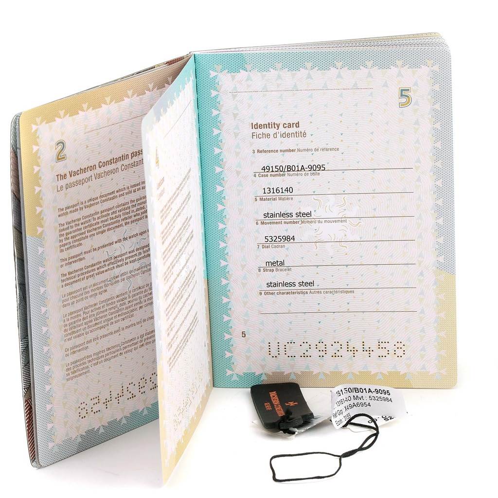 The image shows the identity card, user manual, and tag for the Vacheron Constantin Overseas 49150 Men's Stainless Steel Silver Dial 49150 Men's Stainless Steel Silver Dial model watch.