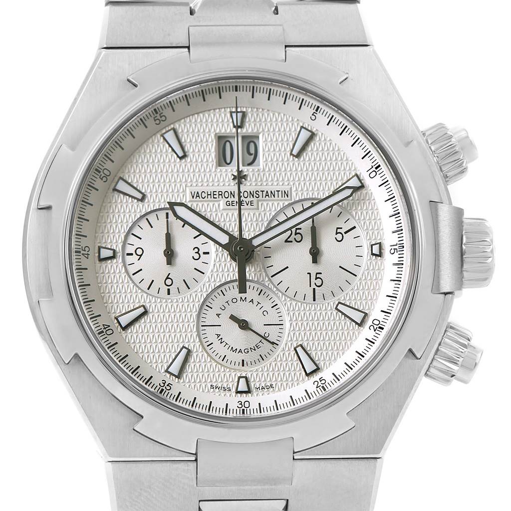 The image shows a front view of a Vacheron Constantin Overseas 49150 Men's Stainless Steel Silver Dial 49150 Men's Stainless Steel Silver Dial model watch, highlighting its dial, sub-dials, and stainless steel case.