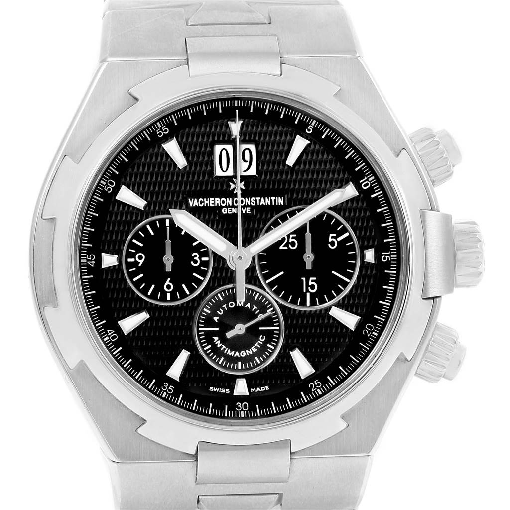 This image shows a frontal view of the Vacheron Constantin Overseas 49150.B01A.9097 Men's Stainless Steel Black Dial 49150.B01A.9097 Men's Stainless Steel Black Dial watch, highlighting the dial and chronograph subdials.