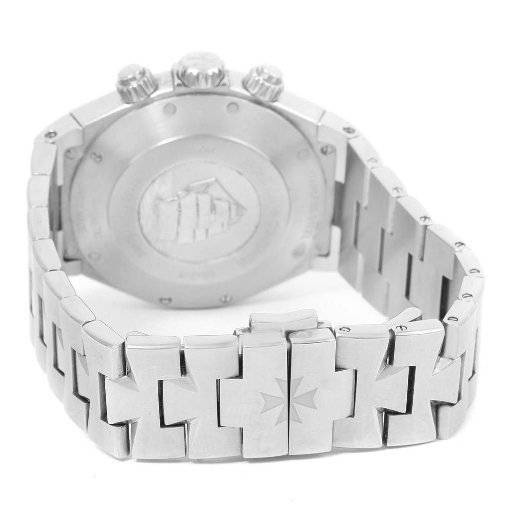 The image shows the back view of the Vacheron Constantin Overseas 49150.B01A.9097 Men's Stainless Steel Black Dial 49150.B01A.9097 Men's Stainless Steel Black Dial watch, focusing on the bracelet and the case back.