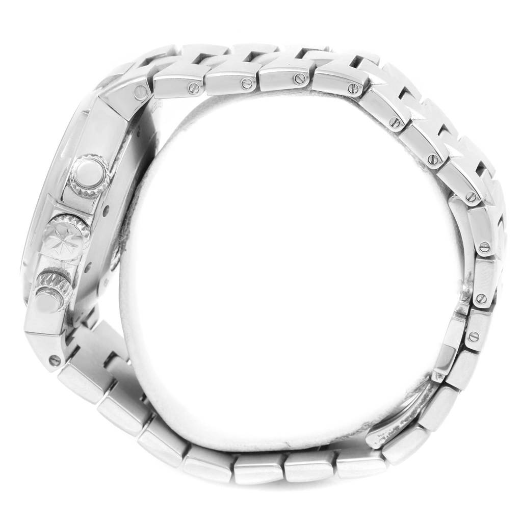 The image shows a side profile of the Vacheron Constantin Overseas 49150.B01A.9097 Men's Stainless Steel Black Dial 49150.B01A.9097 Men's Stainless Steel Black Dial watch focusing on its crown, pushers, and bracelet.