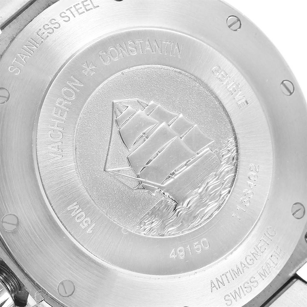 The image shows the case back of a Vacheron Constantin Overseas 49150.B01A.9097 Men's Stainless Steel Black Dial 49150.B01A.9097 Men's Stainless Steel Black Dial model watch, featuring an engraving of a ship.