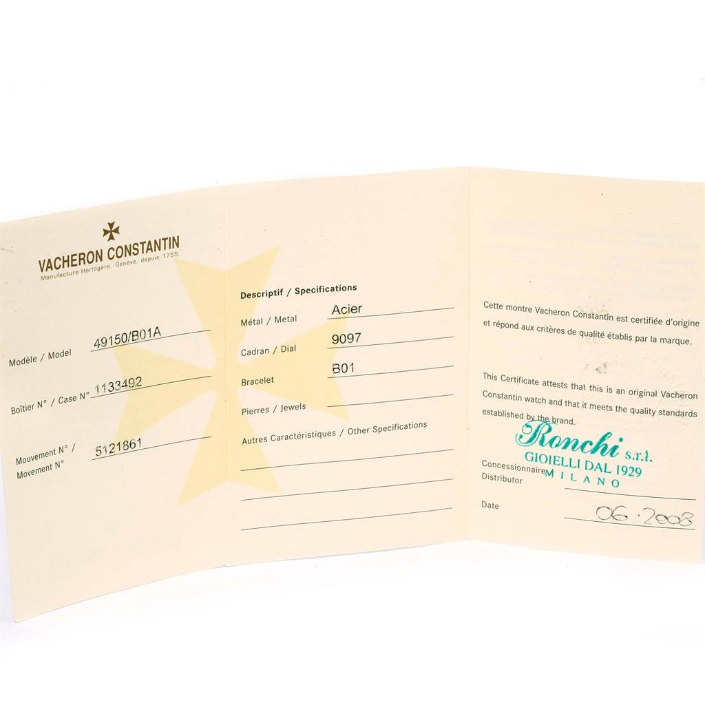 This image shows the certificate of authenticity and specifications card for a Vacheron Constantin Overseas 49150.B01A.9097 Men's Stainless Steel Black Dial 49150.B01A.9097 Men's Stainless Steel Black Dial model watch.