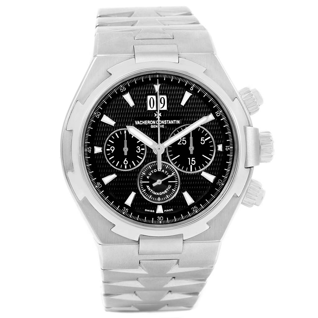 The image shows a Vacheron Constantin Overseas 49150.B01A.9097 Men's Stainless Steel Black Dial 49150.B01A.9097 Men's Stainless Steel Black Dial model watch from a front angle, highlighting its dial, case, and part of the bracelet.