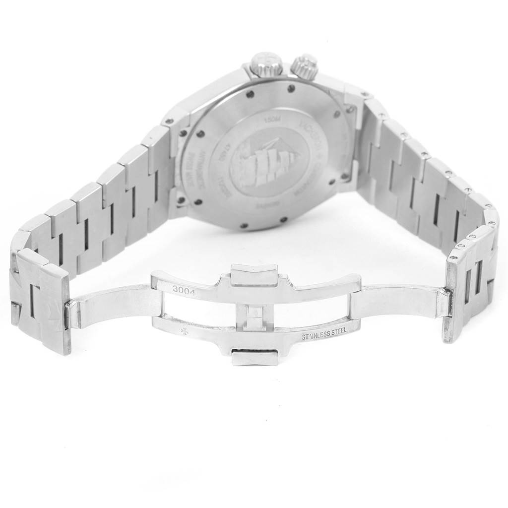 The image shows the back case and open stainless steel bracelet clasp of a Vacheron Constantin Overseas 47450/B01A-9226 Men's Stainless Steel Silver Dial 47450/B01A-9226 Men's Stainless Steel Silver Dial watch.