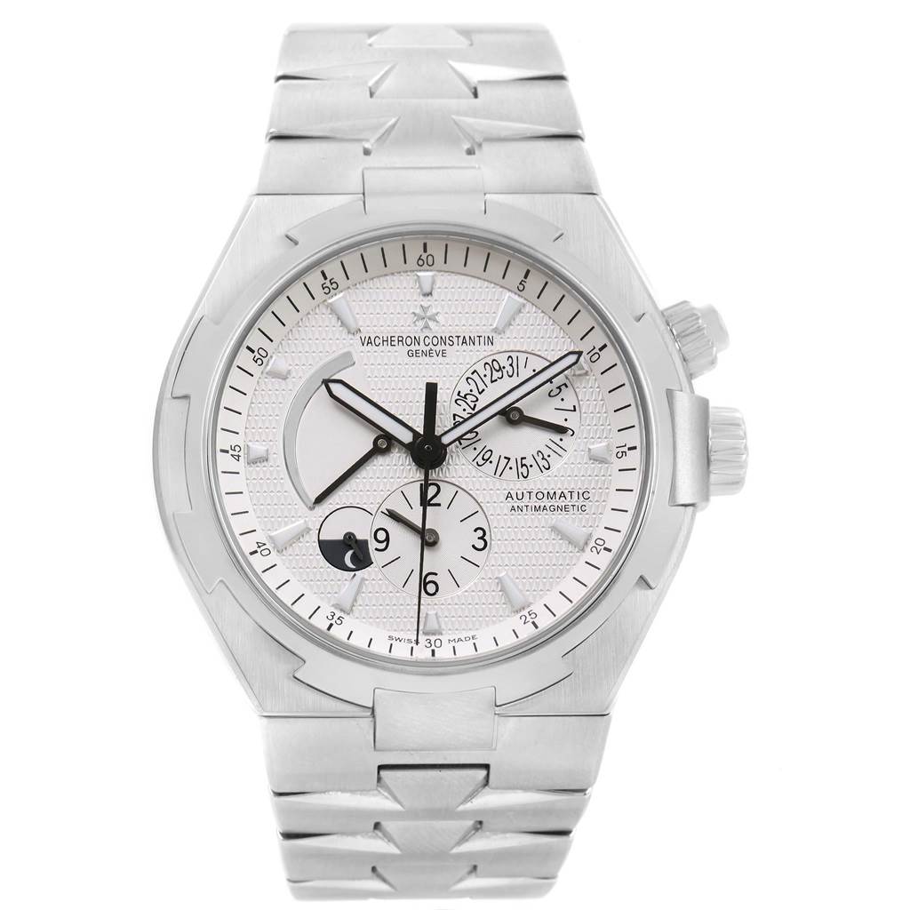 The image shows a frontal view of the Vacheron Constantin Overseas 47450/B01A-9226 Men's Stainless Steel Silver Dial 47450/B01A-9226 Men's Stainless Steel Silver Dial model watch, displaying its face, dials, and bracelet.