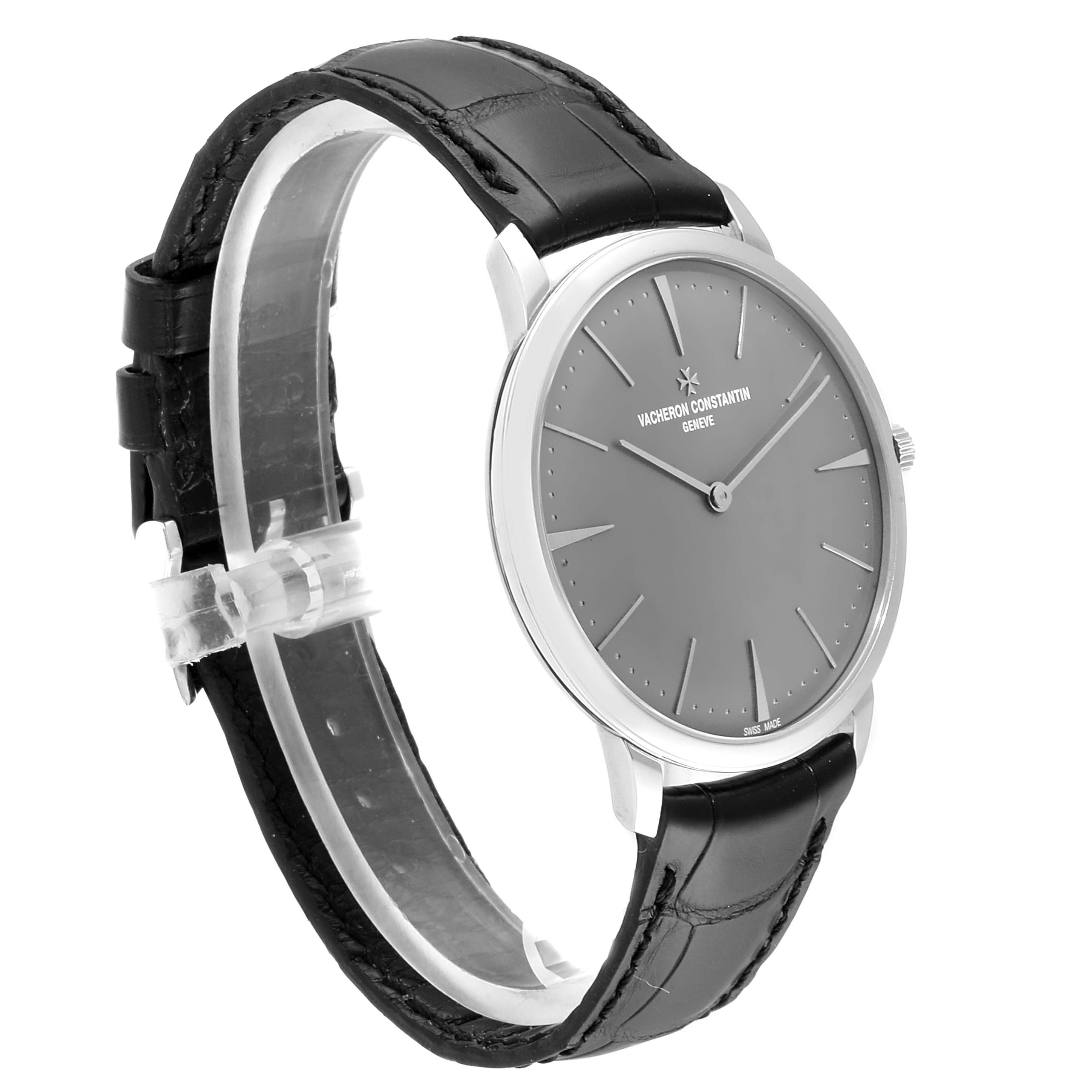The image shows a Vacheron Constantin Patrimony 81180/000P-9539 Men's Platinum Grey Dial 81180/000P-9539 Men's Platinum Grey Dial watch at a slightly tilted side angle, displaying its face, case, strap, and clasp.