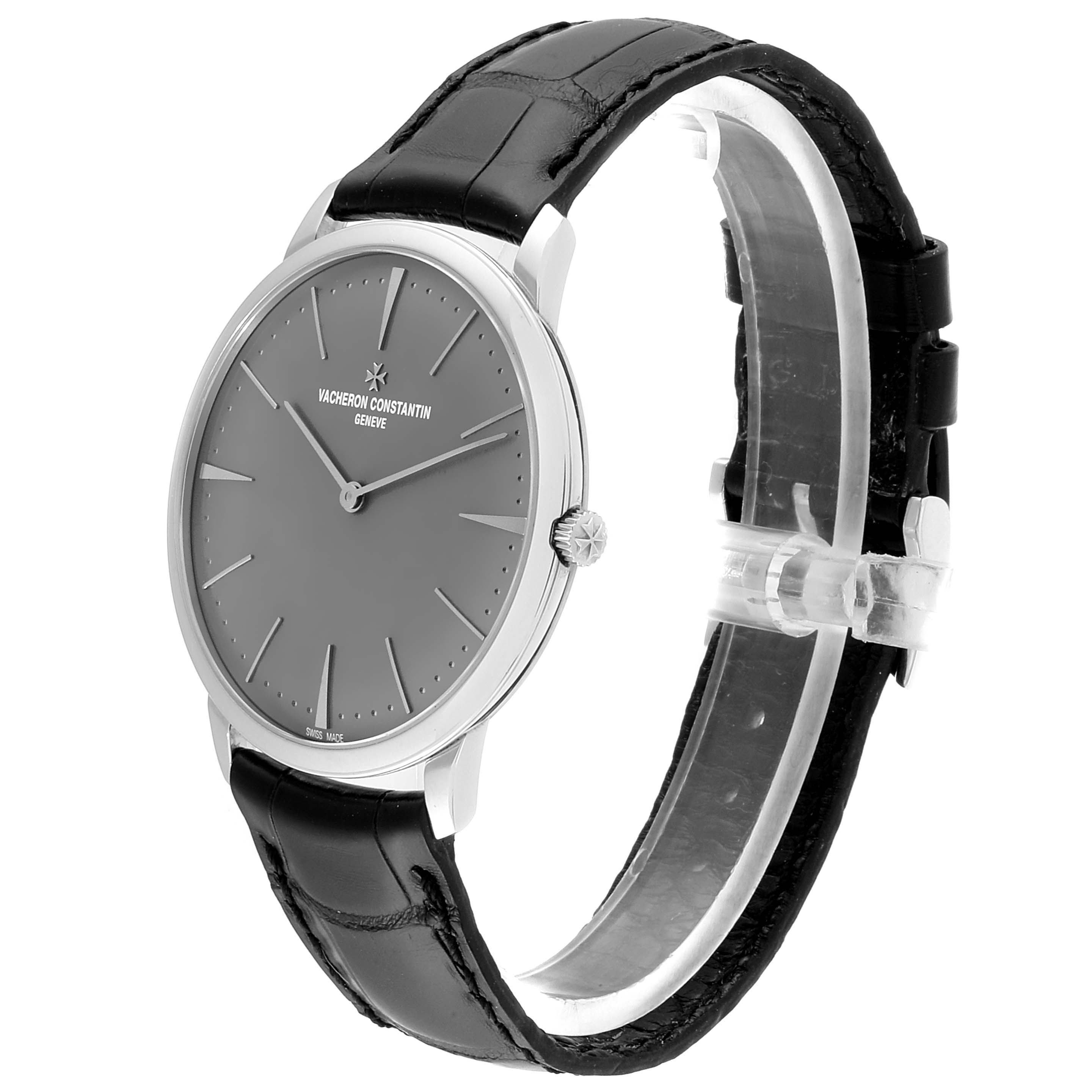 The Vacheron Constantin Patrimony 81180/000P-9539 Men's Platinum Grey Dial 81180/000P-9539 Men's Platinum Grey Dial watch is shown at a three-quarter angle displaying the face, crown, and leather strap.