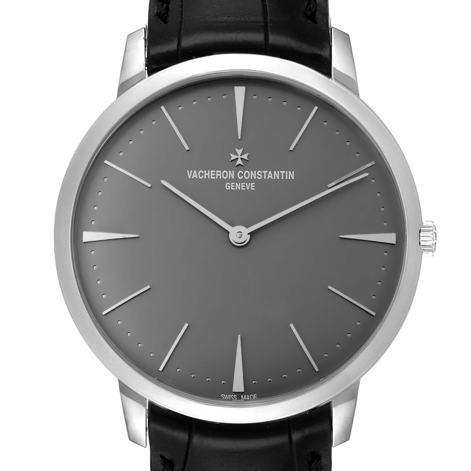 This image shows a front view of the Vacheron Constantin Patrimony 81180/000P-9539 Men's Platinum Grey Dial 81180/000P-9539 Men's Platinum Grey Dial watch, highlighting its dial, hands, and strap.