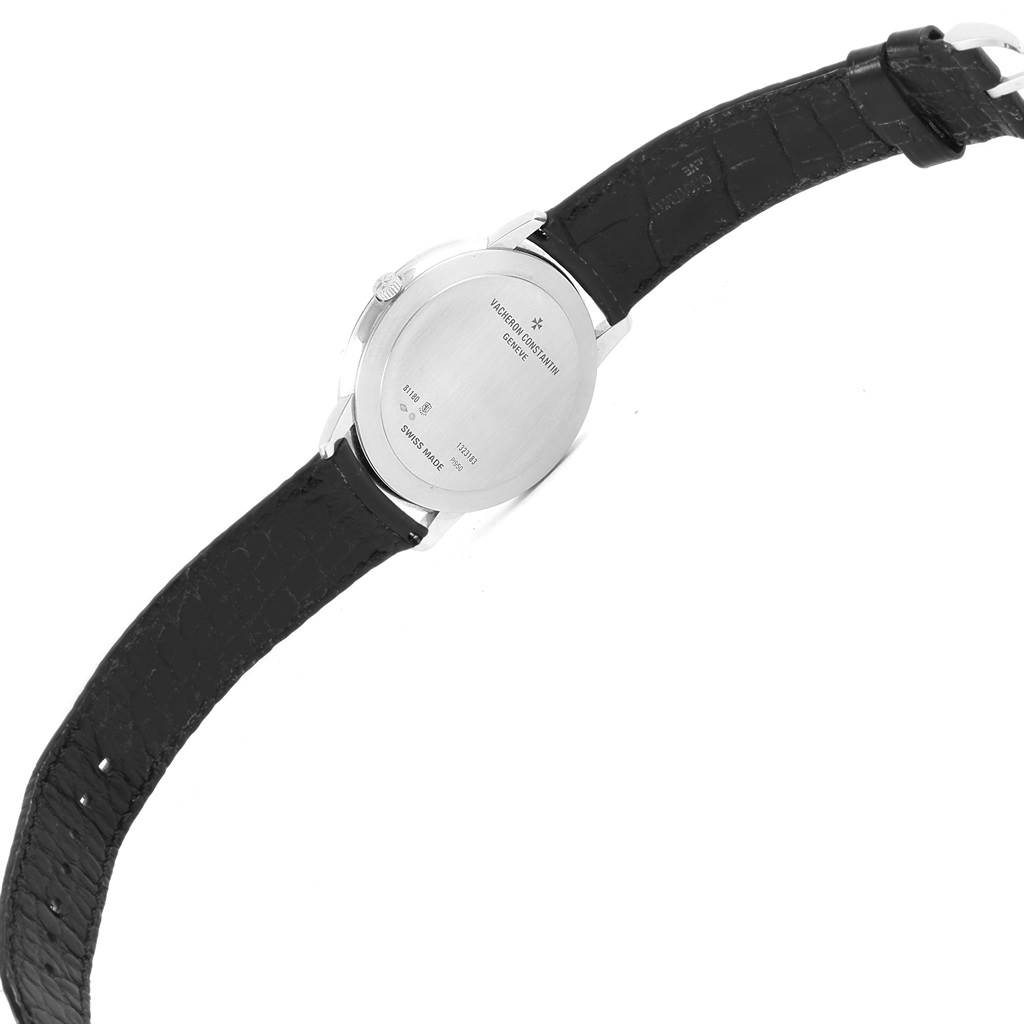 This image shows the back case and leather strap of the Vacheron Constantin Patrimony 81180/000P-9539 Men's Platinum Grey Dial 81180/000P-9539 Men's Platinum Grey Dial watch at an angle.