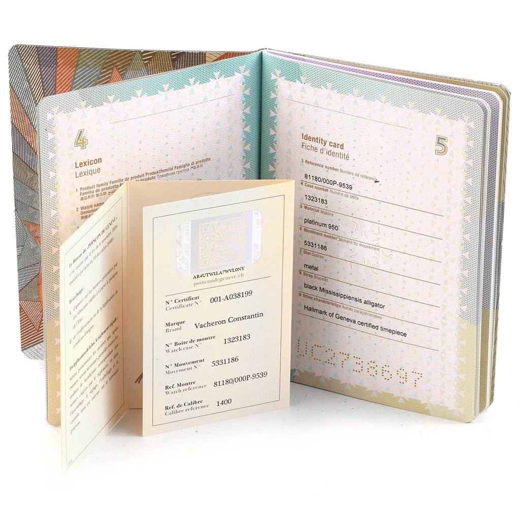 The image shows identification and certification documents for the Patrimony model by Vacheron Constantin.