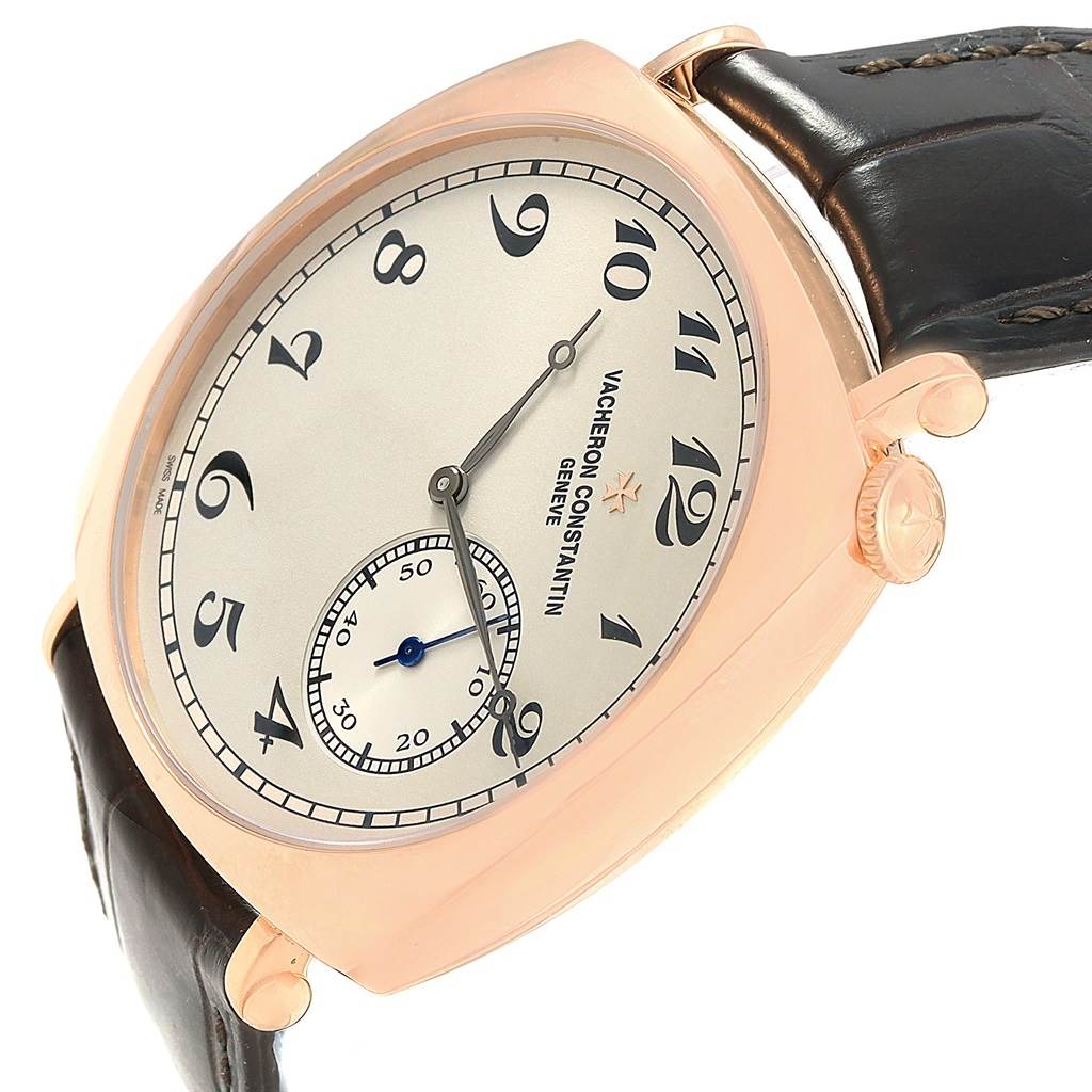 The image shows a Vacheron Constantin Historiques 82035000R-9359 Men's Rose Gold Silver Dial 82035000R-9359 Men's Rose Gold Silver Dial watch from a slightly angled front view, highlighting the face, crown, and partially the strap.