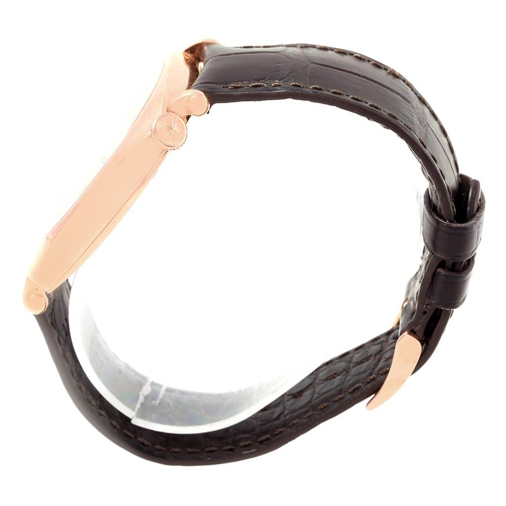 The image shows a side view of a Vacheron Constantin Historiques 82035000R-9359 Men's Rose Gold Silver Dial 82035000R-9359 Men's Rose Gold Silver Dial watch, highlighting its case, crown, lugs, and leather strap.