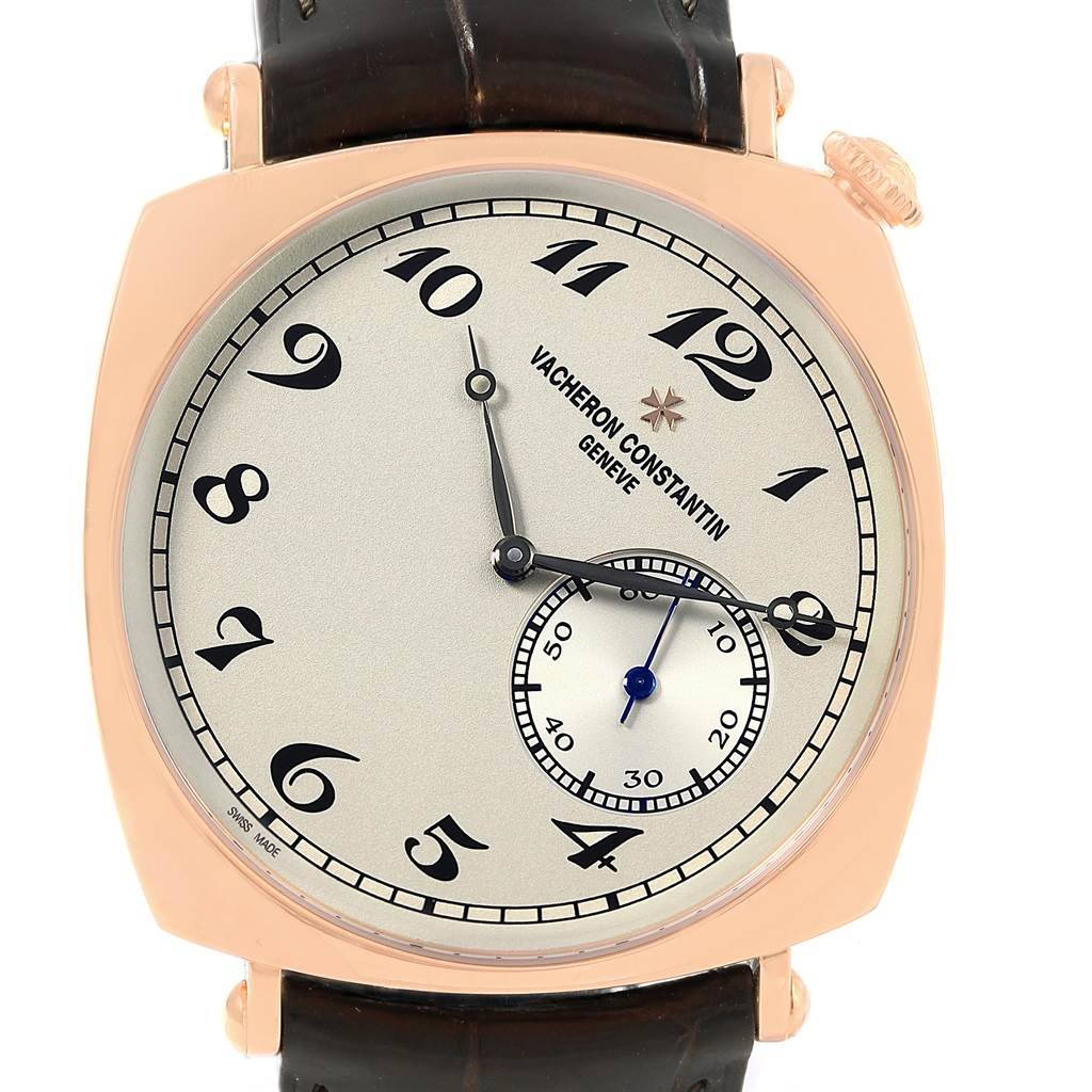 This image shows a Vacheron Constantin Historiques 82035000R-9359 Men's Rose Gold Silver Dial 82035000R-9359 Men's Rose Gold Silver Dial watch face from a front angle, including the dial and crown.