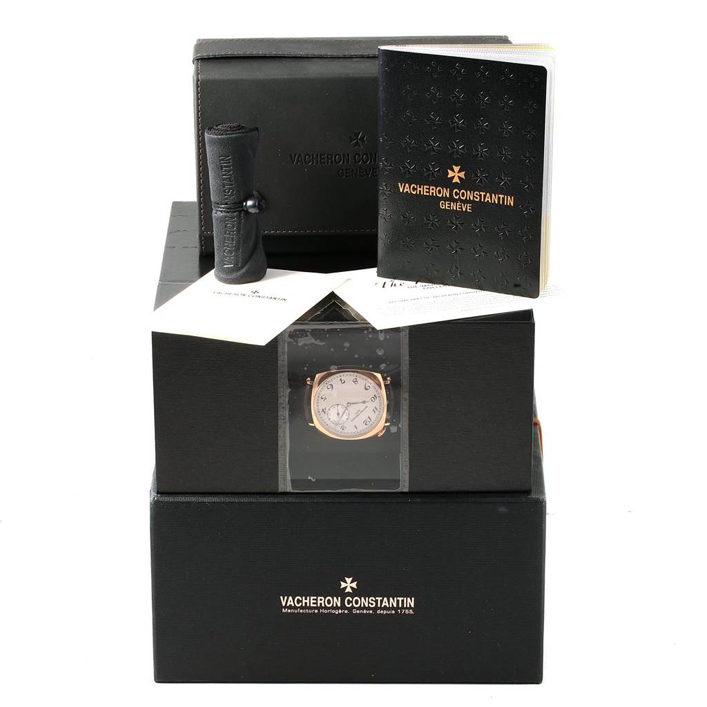 The image shows a Vacheron Constantin Historiques 82035000R-9359 Men's Rose Gold Silver Dial 82035000R-9359 Men's Rose Gold Silver Dial model watch, its case, booklet, and additional packaging from a front angle.