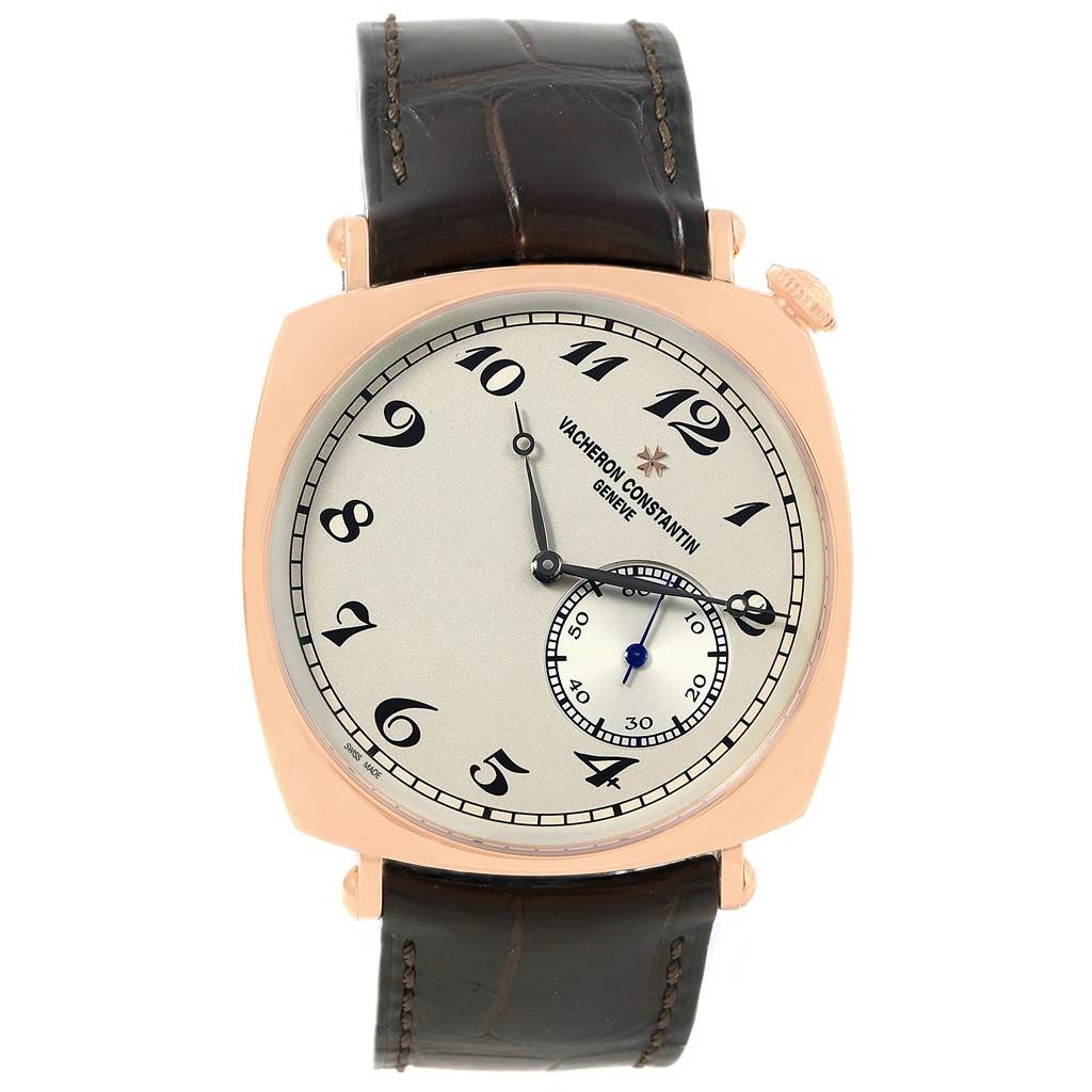 The image shows a frontal view of the Vacheron Constantin Historiques 82035000R-9359 Men's Rose Gold Silver Dial 82035000R-9359 Men's Rose Gold Silver Dial model watch, featuring its dial, hands, and leather strap.