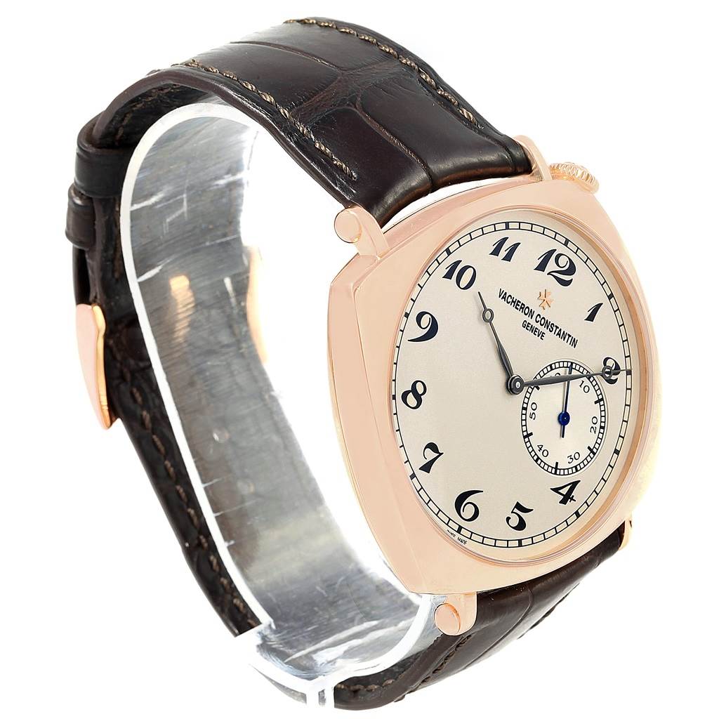 This image shows a side and front view of the Vacheron Constantin Historiques 82035000R-9359 Men's Rose Gold Silver Dial 82035000R-9359 Men's Rose Gold Silver Dial watch, including its dial, case, and leather strap.