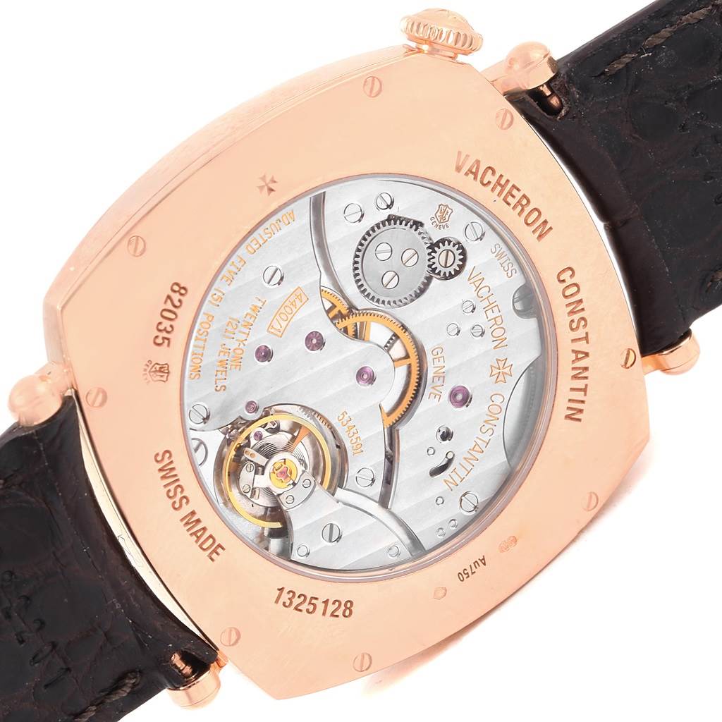 This image shows the back view of the Vacheron Constantin Historiques 82035000R-9359 Men's Rose Gold Silver Dial 82035000R-9359 Men's Rose Gold Silver Dial model, highlighting its intricate movement and mechanism.