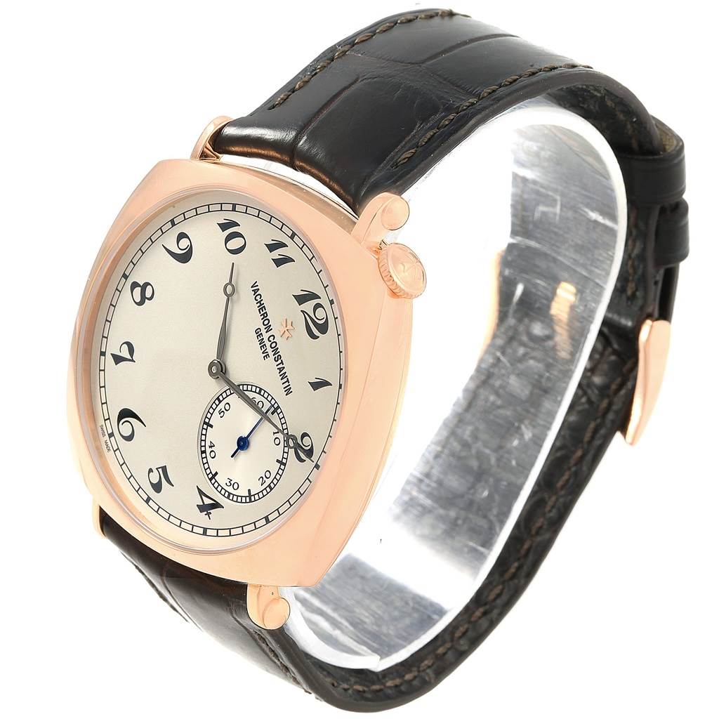 The Vacheron Constantin Historiques 82035000R-9359 Men's Rose Gold Silver Dial 82035000R-9359 Men's Rose Gold Silver Dial model watch is shown at a three-quarter angle displaying its dial, case, and leather strap.