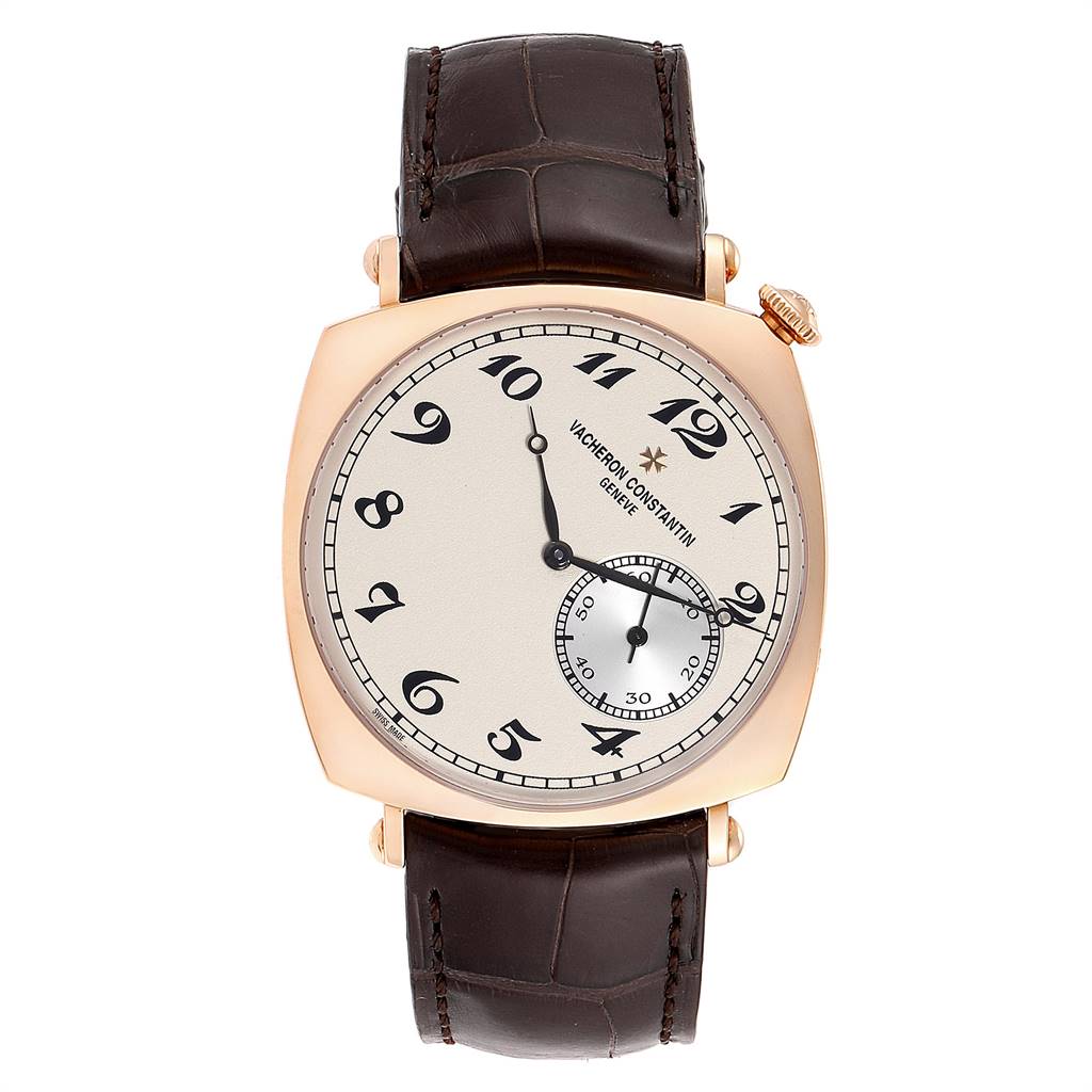 The Vacheron Constantin Historiques 82035000R-9359 Men's Rose Gold Silver Dial 82035000R-9359 Men's Rose Gold Silver Dial model is shown from a top-down angle, highlighting its round dial, leather strap, and crown.