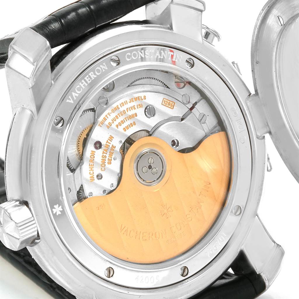 The image shows the open case back of a Vacheron Constantin Malte 42005 Men's White Gold Silver Dial 42005 Men's White Gold Silver Dial model watch, revealing the movement mechanism.