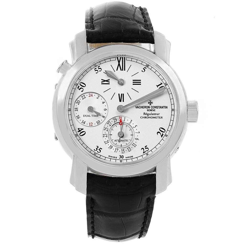 This Vacheron Constantin Malte 42005 Men's White Gold Silver Dial 42005 Men's White Gold Silver Dial watch is shown from a front angle, displaying its face, dial, and leather strap.