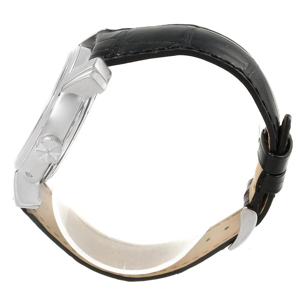 The image shows the side view of the Vacheron Constantin Malte 42005 Men's White Gold Silver Dial 42005 Men's White Gold Silver Dial watch, highlighting the case, crown, and leather strap.