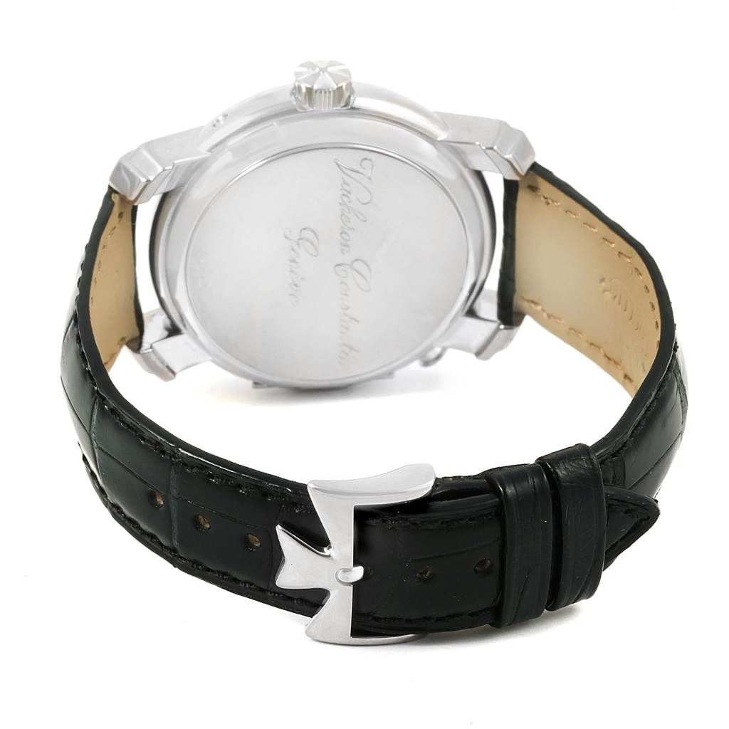 This image shows the back view of the Vacheron Constantin Malte 42005 Men's White Gold Silver Dial 42005 Men's White Gold Silver Dial watch, highlighting the case back, crown, and black leather strap with clasp.