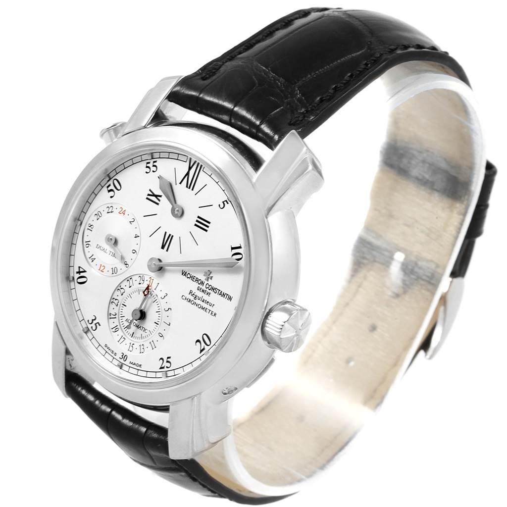 The Vacheron Constantin Malte 42005 Men's White Gold Silver Dial 42005 Men's White Gold Silver Dial watch is shown at a side angle, highlighting the bezel, dial, crown, and black leather strap.