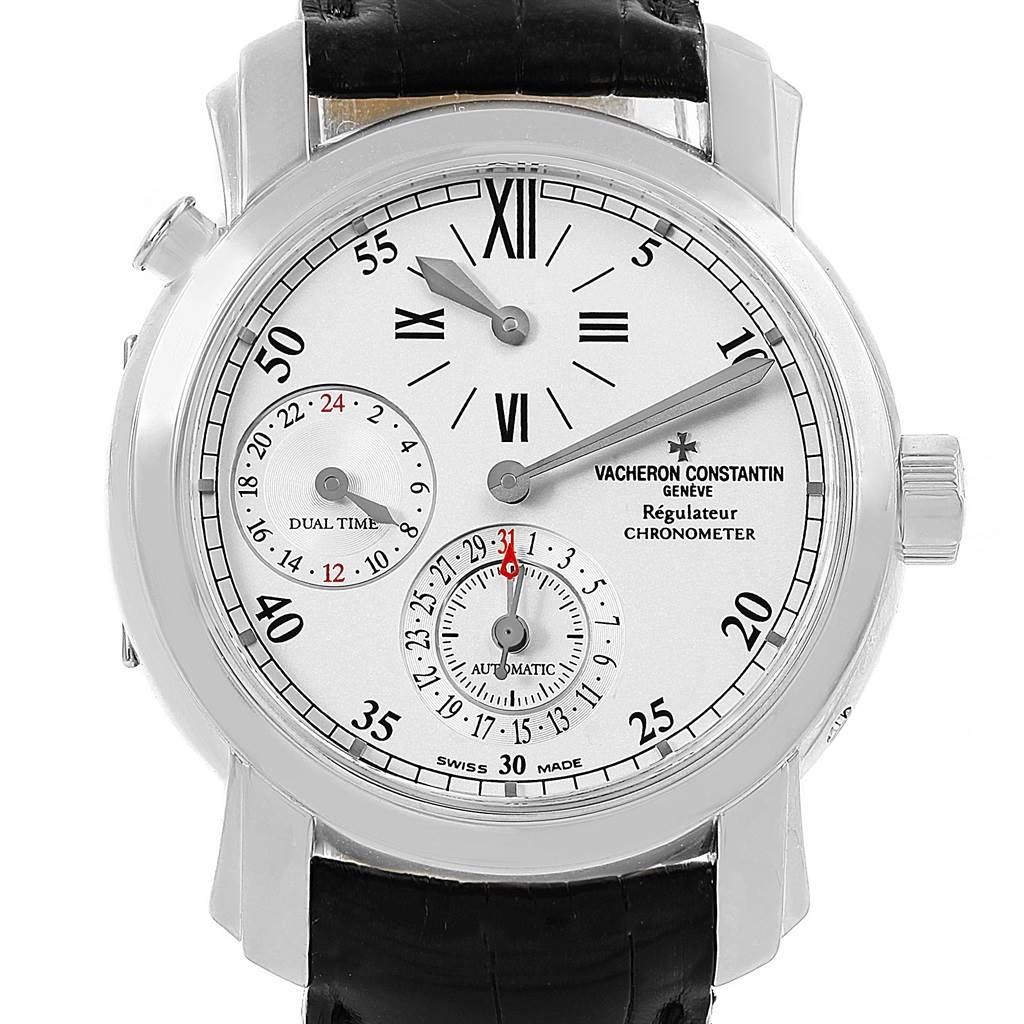 The image shows a front view of the Malte model watch by Vacheron Constantin, highlighting its dial, hands, and subdials.