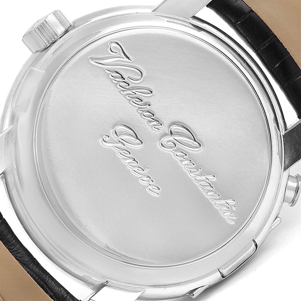 The image shows the back case of the Vacheron Constantin Malte 42005 Men's White Gold Silver Dial 42005 Men's White Gold Silver Dial model watch, including the crown and part of the leather strap.