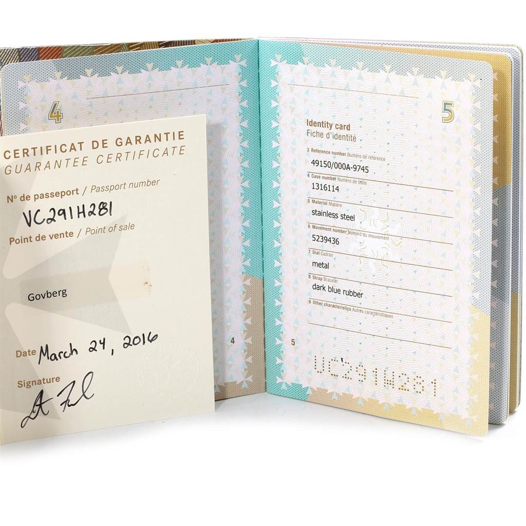 The image shows the warranty certificate and identity card for a Vacheron Constantin Overseas 49150.B01A.9097 Men's Stainless Steel Blue Dial 49150.B01A.9097 Men's Stainless Steel Blue Dial model watch.