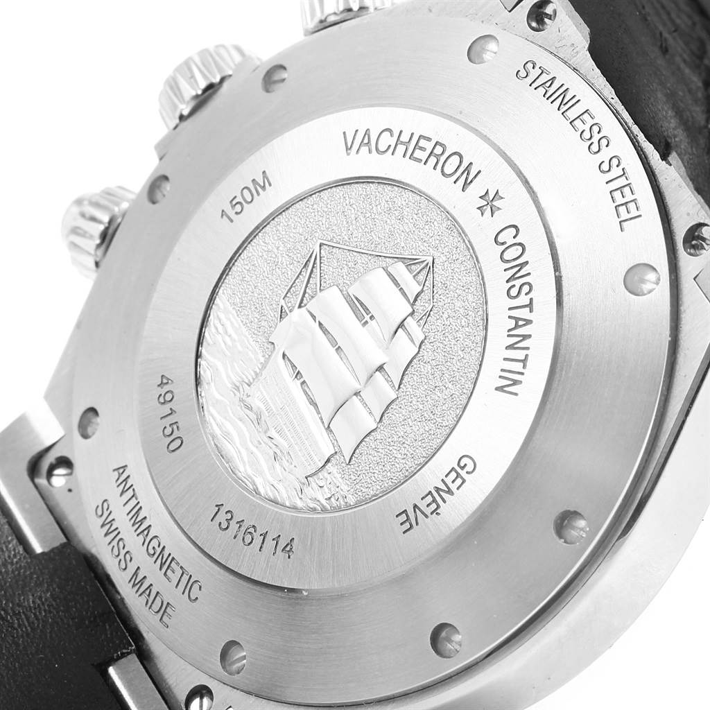 This image shows the back case of the Vacheron Constantin Overseas 49150.B01A.9097 Men's Stainless Steel Blue Dial 49150.B01A.9097 Men's Stainless Steel Blue Dial watch, highlighting its engravings and markings.