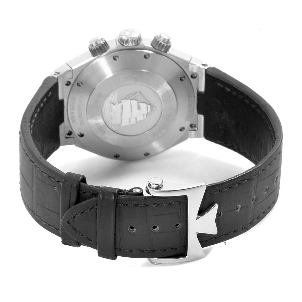 The image shows the back case, crown, and strap of the Vacheron Constantin Overseas 49150/000W-9501 Men's Stainless Steel Grey Dial 49150/000W-9501 Men's Stainless Steel Grey Dial model watch.