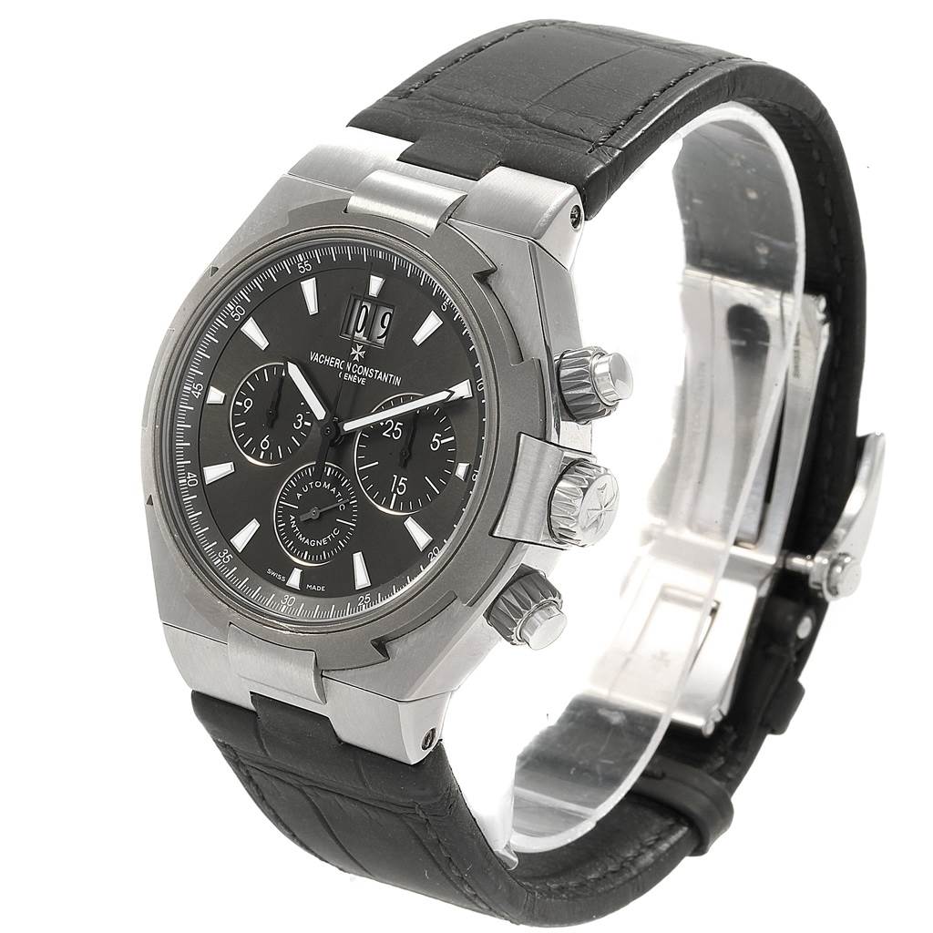 The image shows a Vacheron Constantin Overseas 49150/000W-9501 Men's Stainless Steel Grey Dial 49150/000W-9501 Men's Stainless Steel Grey Dial model watch at a three-quarter angle, highlighting the dial, case, and leather strap.