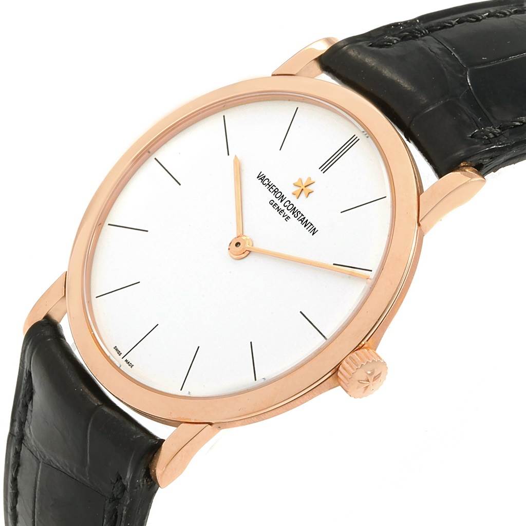 The image shows a Vacheron Constantin Patrimony 33093 Men's Rose Gold White Dial 33093 Men's Rose Gold White Dial watch at a slight angle, highlighting the face, bezel, and black leather strap.