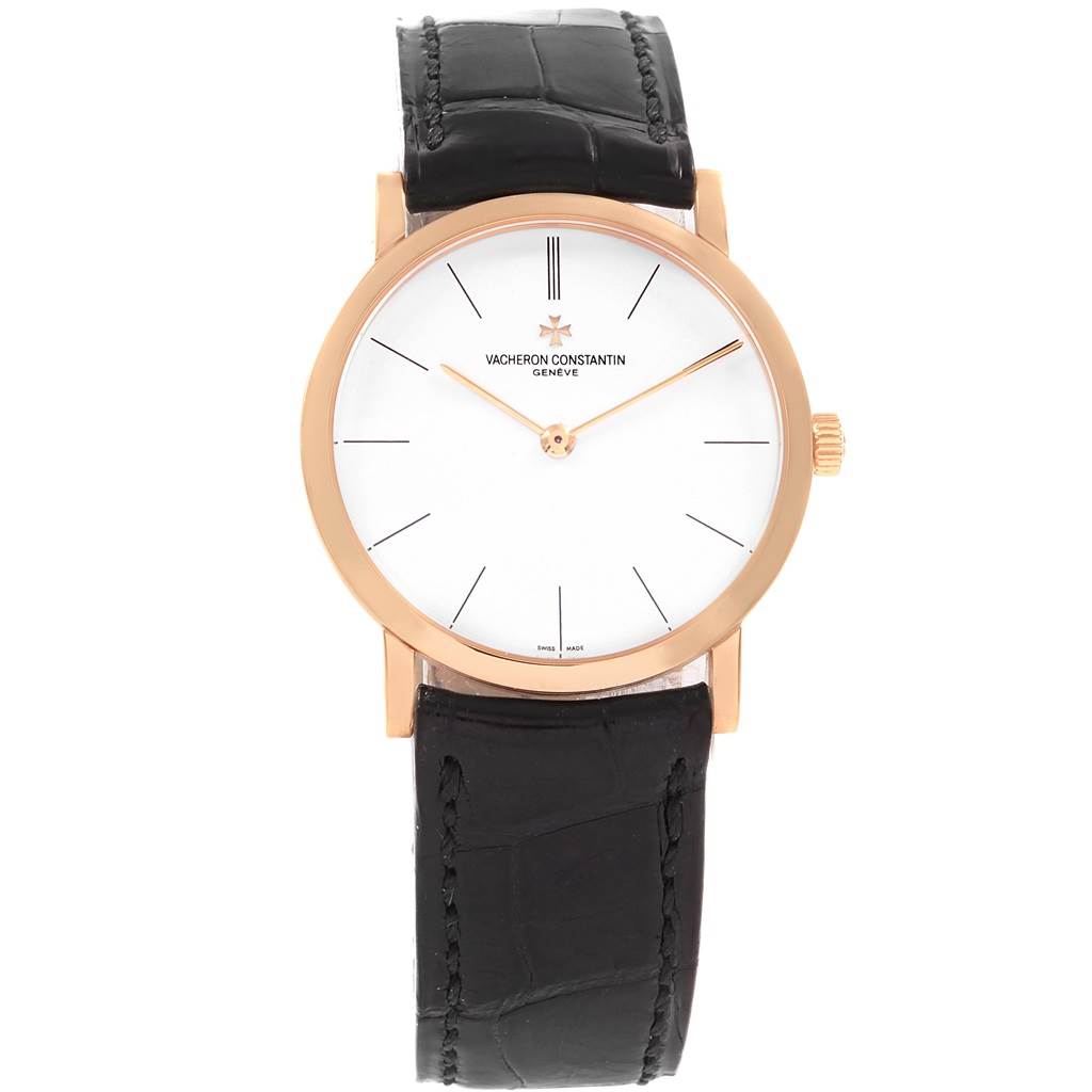 This image shows a front view of a Vacheron Constantin Patrimony 33093 Men's Rose Gold White Dial 33093 Men's Rose Gold White Dial watch with a black leather strap and gold case.