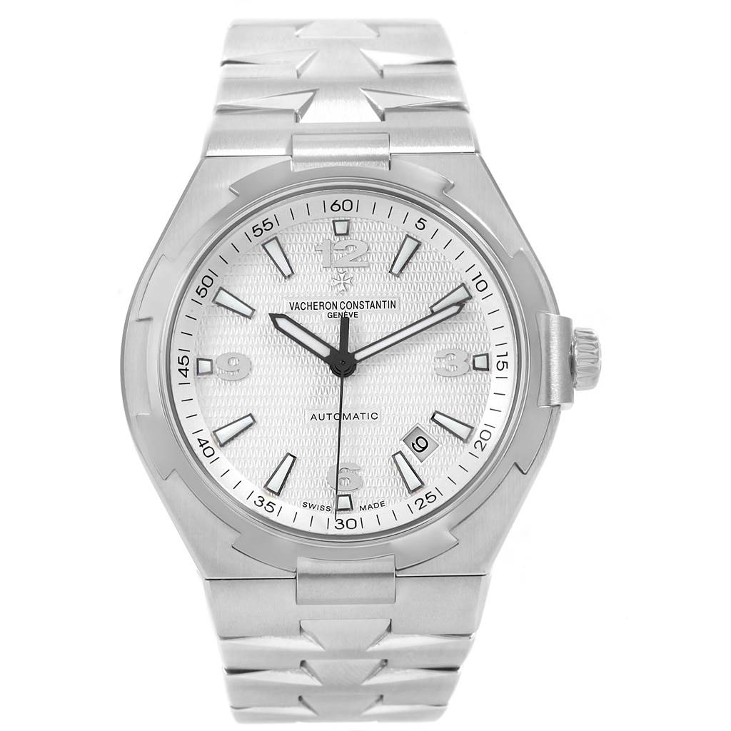 The image shows a front-facing view of the Vacheron Constantin Overseas 47040/B01A-9093 Men's Stainless Steel Silver Dial 47040/B01A-9093 Men's Stainless Steel Silver Dial model watch, highlighting its dial, bezel, and bracelet.