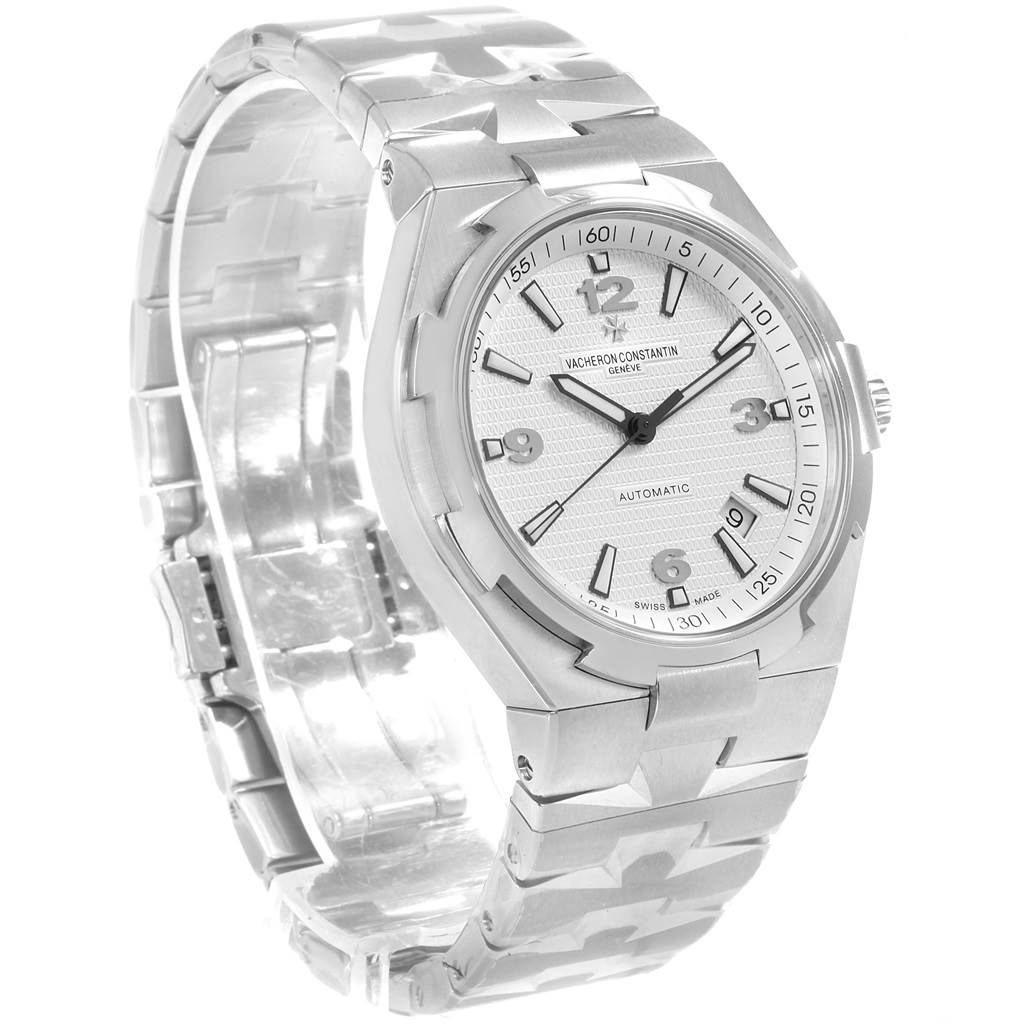 This image shows a Vacheron Constantin Overseas 47040/B01A-9093 Men's Stainless Steel Silver Dial 47040/B01A-9093 Men's Stainless Steel Silver Dial model watch at a slight angled view highlighting the dial, bezel, and bracelet.