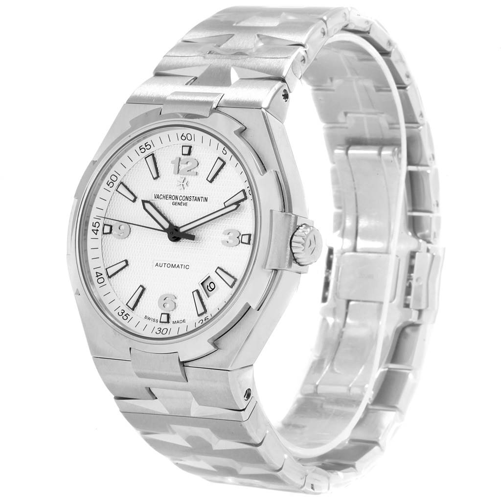 The image shows a Vacheron Constantin Overseas 47040/B01A-9093 Men's Stainless Steel Silver Dial 47040/B01A-9093 Men's Stainless Steel Silver Dial model watch from an angled side view, highlighting the dial, bezel, and bracelet.