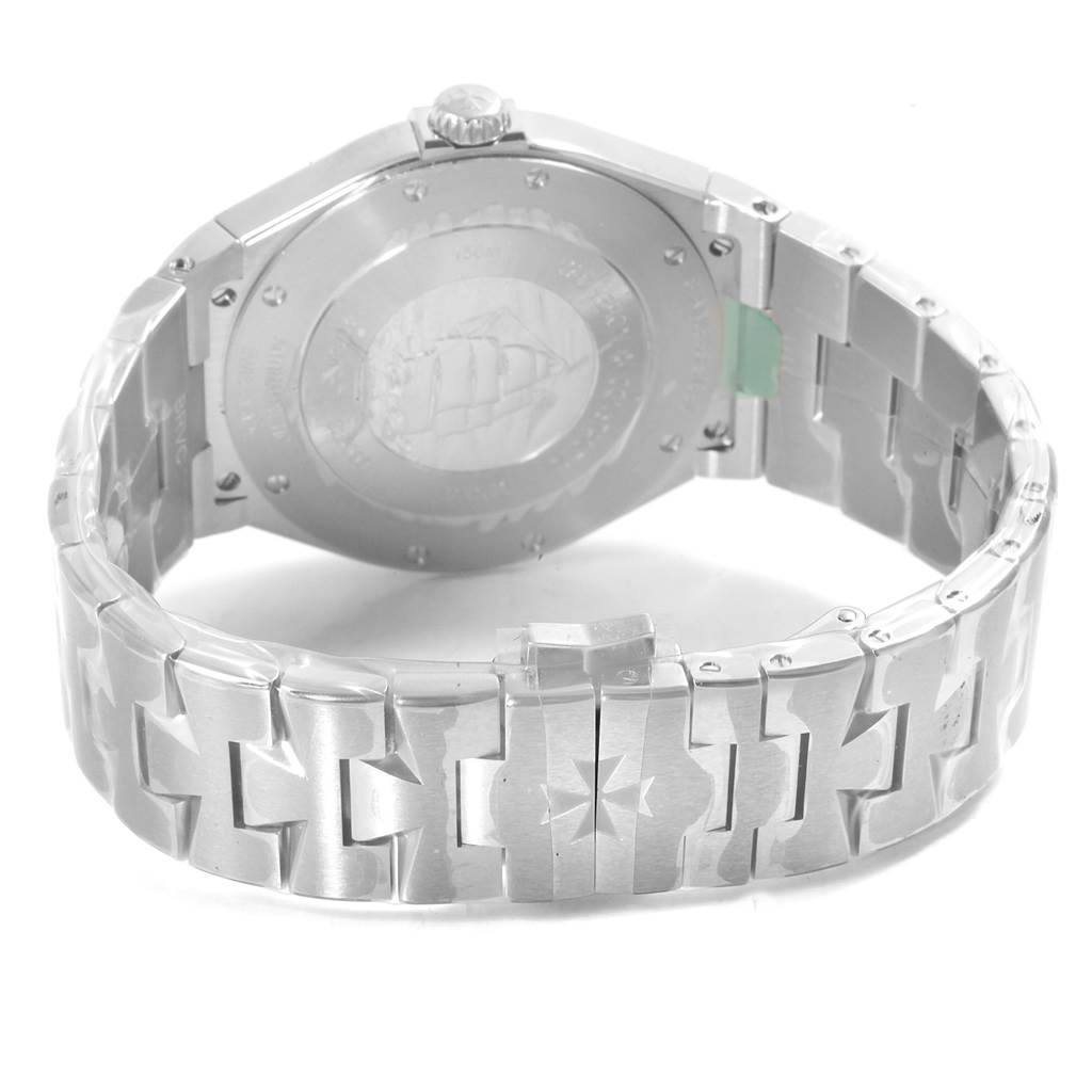 The image shows the back and bracelet of the Vacheron Constantin Overseas 47040/B01A-9093 Men's Stainless Steel Silver Dial 47040/B01A-9093 Men's Stainless Steel Silver Dial watch from a rear angle.