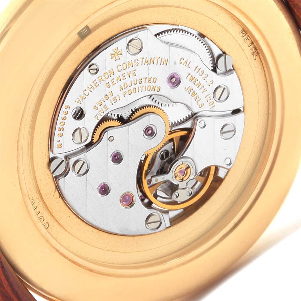 The image shows the movement of a Vacheron Constantin Patrimony 31160 Men
s Yellow Gold White Dial 31160 Men
s Yellow Gold White Dial watch seen from the back case.