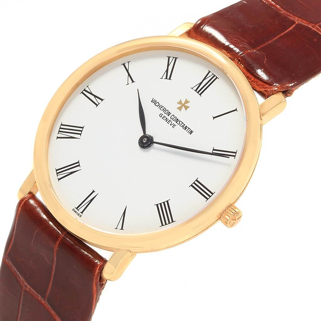 The image shows a top view of the Vacheron Constantin Patrimony 31160 Men
s Yellow Gold White Dial 31160 Men
s Yellow Gold White Dial watch, highlighting the face, bezel, crown, and part of the strap.