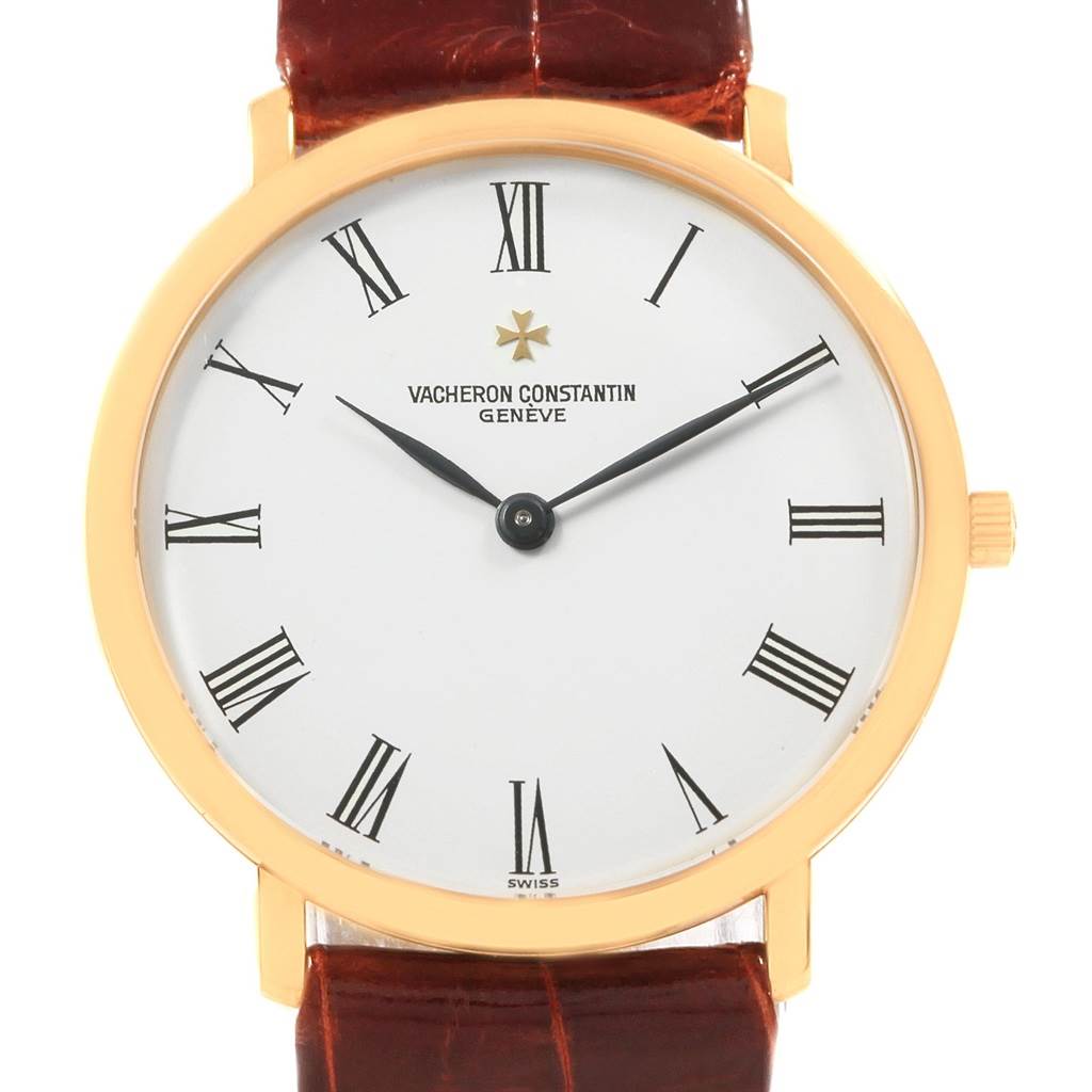 The image shows a frontal view of the Vacheron Constantin Patrimony 31160 Men
s Yellow Gold White Dial 31160 Men
s Yellow Gold White Dial watch, highlighting the dial, hands, crown, and part of the strap.
