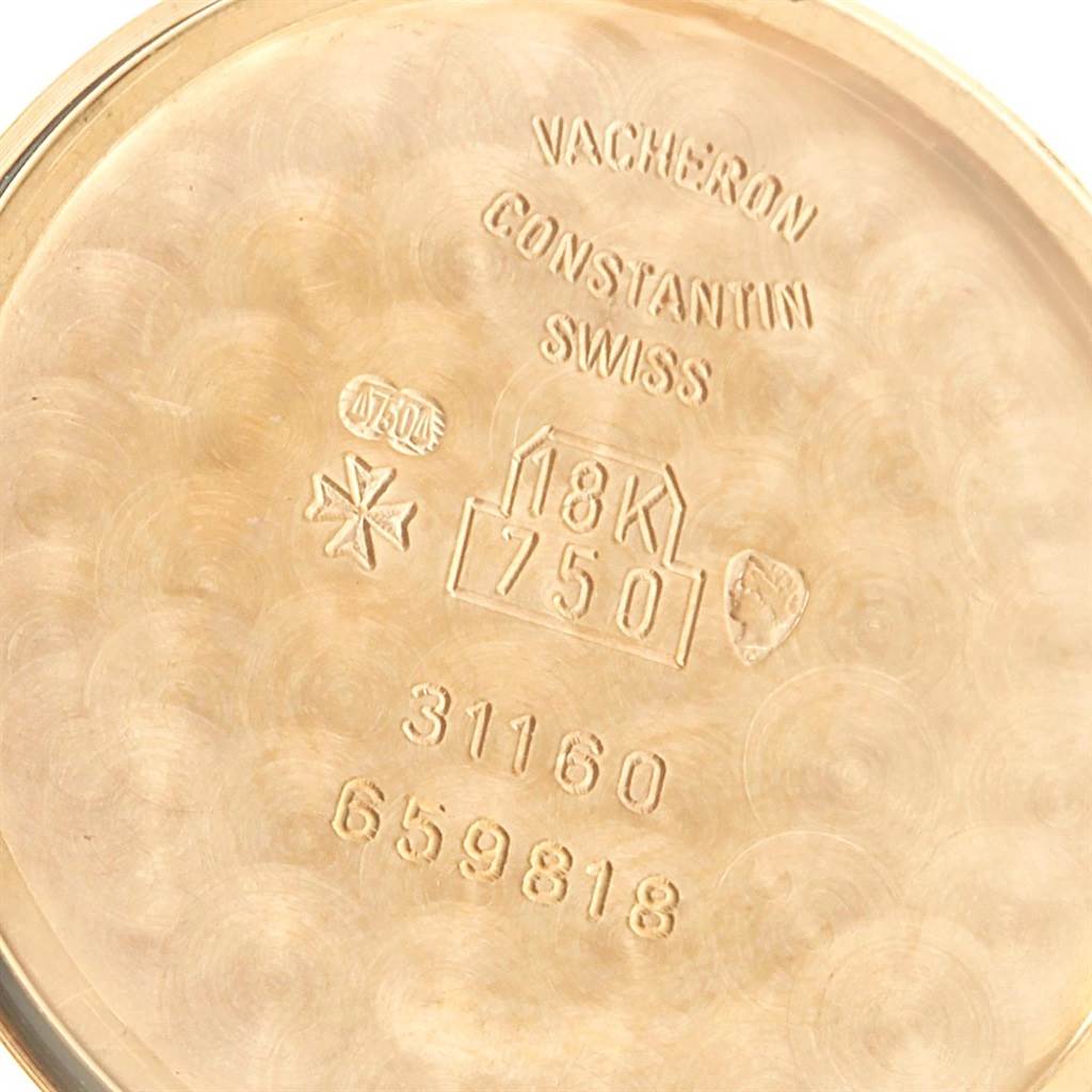 This image shows the inside case back of a Vacheron Constantin Patrimony 31160 Men
s Yellow Gold White Dial 31160 Men
s Yellow Gold White Dial watch in 18K gold.