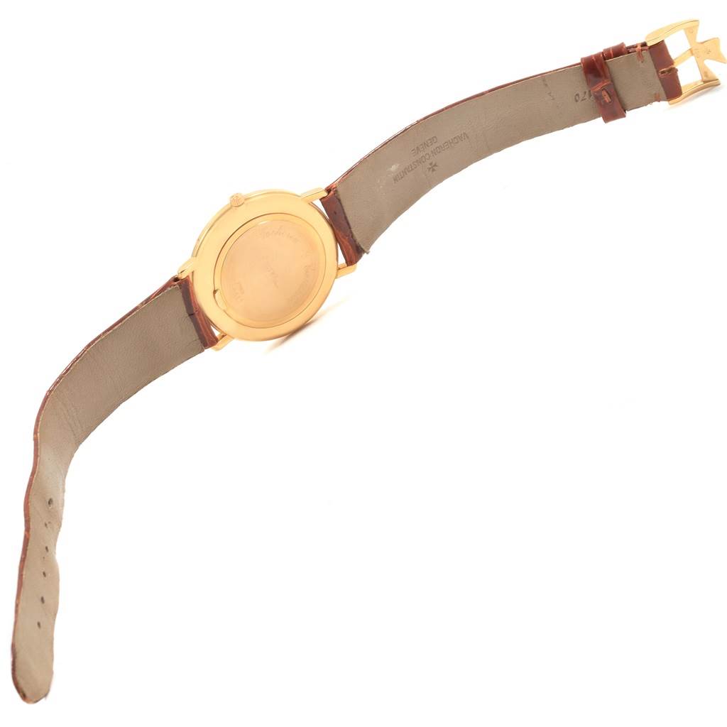 The image shows the back case and strap of a Vacheron Constantin Patrimony 31160 Men
s Yellow Gold White Dial 31160 Men
s Yellow Gold White Dial watch viewed from above.